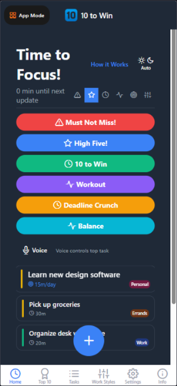 Home Screen with 6 Action Buttons
